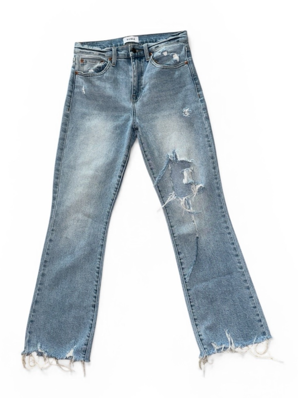 PISTOLA High Rise Medium Blue Distressed Ripped Straight Leg Women’s Jeans 28